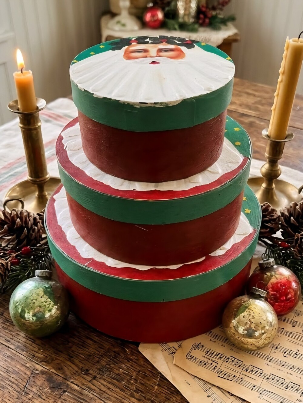 Vintage Balsa Wood Santa Stackable Holiday Boxes - Red & Green